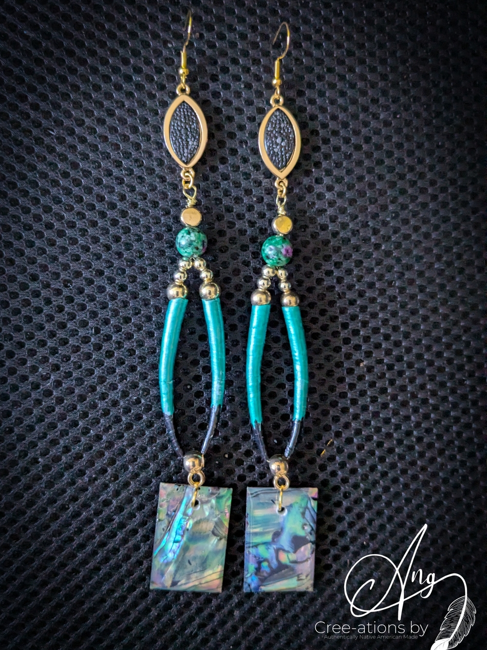 Indigenous Turquoise Abalone & Dentalium Shell Gold Accent Statement Earrings